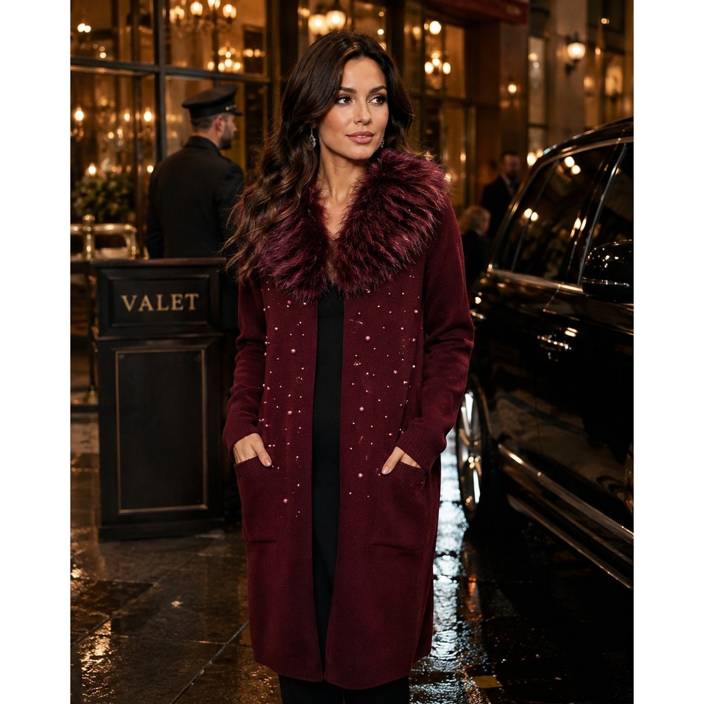 Midnight Velvet Duster Cardigan Women M Burgundy Excellent Faux Fur Pearl Long